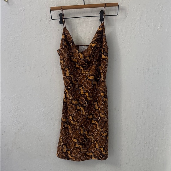 Revolve J.O.A Python Print Cowl Neck Mini Dress brown spaghetti strap S - Picture 2 of 4